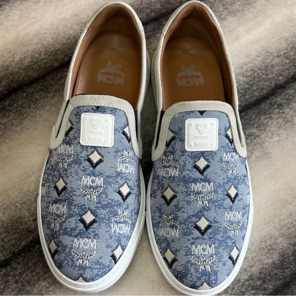 MCM Vintage Monogram Jacquard Slip On Denim Blue Logo Monogram Low Top Sneakers